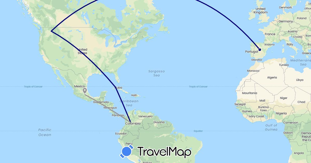 TravelMap itinerary: driving, plane in Colombia, Cuba, Spain, Mexico, United States (Europe, North America, South America)